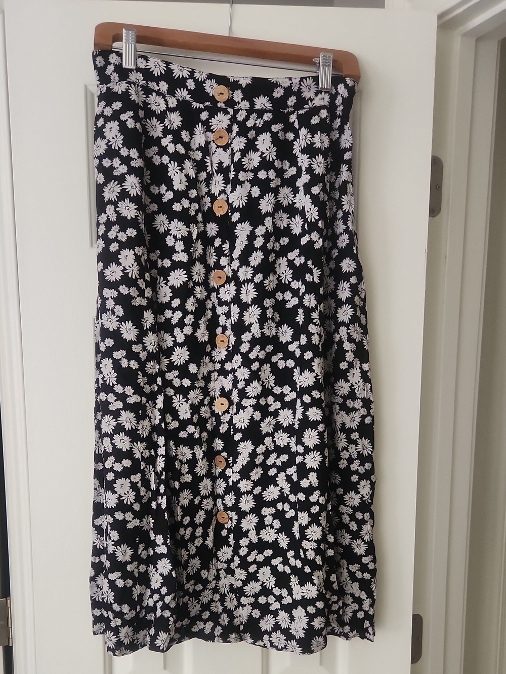 Mlle Gabrielle Black Midi Skirt with White Daisy Print and Wooden Buttons
